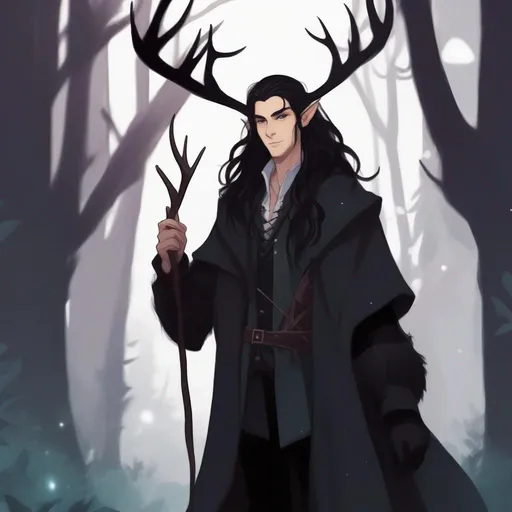 Prompt: dnd a cute male half-elf warlock with long messy black hair wearing a long black coat and deer antlers in the dark forest