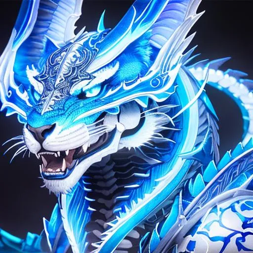 Prompt: portrait of a roaring blue and white neon skeleton dragon with fangs and iridescent black markings and a cute face, perfect composition, watercolor on paper with pencils, hyperrealistic, super detailed, 8k, high quality, trending art, trending on artstation, sharp focus, studio photo, intricate details, highly detailed