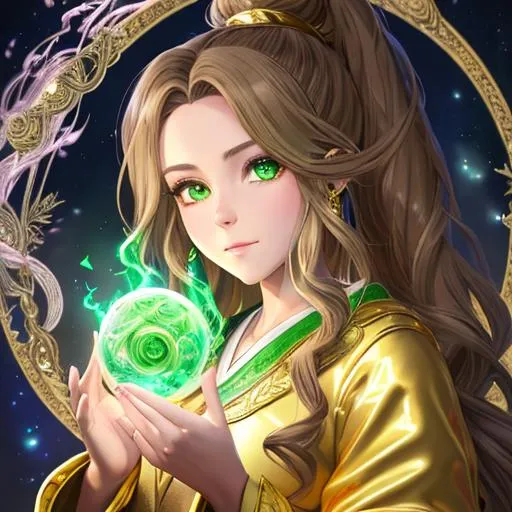 Prompt: "Full body, oil painting, fantasy, anime portrait of a gold dwarf woman with wavy light brown hair in a ponytail and dark green eyes | Elemental earth sorceress wearing intricate green wizard robes casting a rock spell, #3238, UHD, hd , 8k eyes, detailed face, big anime dreamy eyes, 8k eyes, intricate details, insanely detailed, masterpiece, cinematic lighting, 8k, complementary colors, golden ratio, octane render, volumetric lighting, unreal 5, artwork, concept art, cover, top model, light on hair colorful glamourous hyperdetailed medieval city background, intricate hyperdetailed breathtaking colorful glamorous scenic view landscape, ultra-fine details, hyper-focused, deep colors, dramatic lighting, ambient lighting god rays, flowers, garden | by sakimi chan, artgerm, wlop, pixiv, tumblr, instagram, deviantart