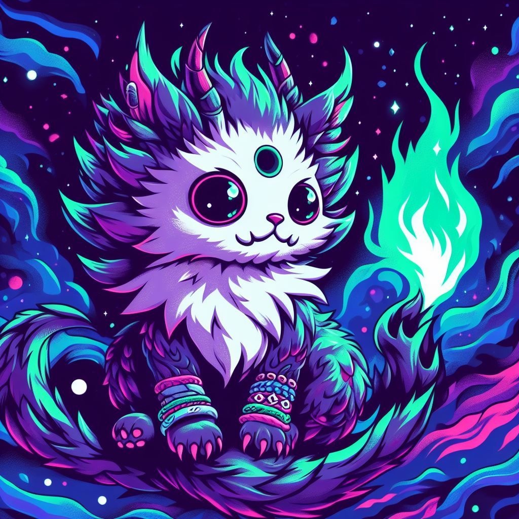 Prompt: an illustration of a cat of anime in space with a green flame, in the style of dark sky-blue and purple, spiky mounds, unique yokai illustrations, 32k uhd, metal, sparklecore, colorful costumes