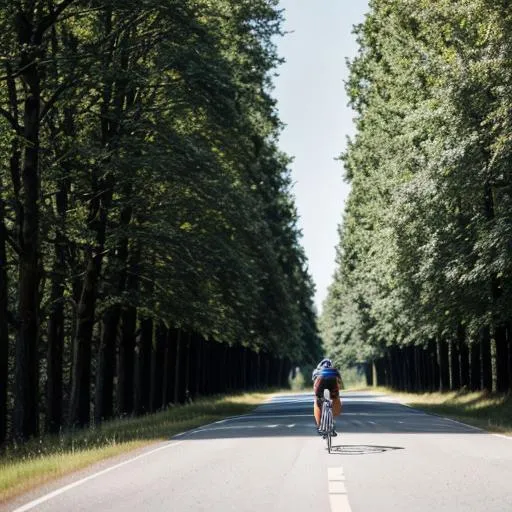 Prompt: A cyclist on his way to the finish in a flat stage. Meadows. Trees. Blue sky.