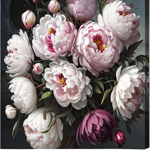 Prompt: PAEONIA ALERTIE realystic style 11 flowers bouquet ligthener white pink vintage art old style oil painted  craced canvas  dark background 