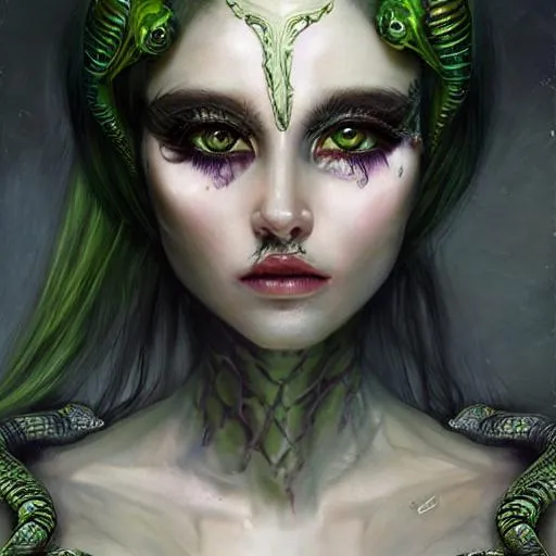 Prompt: A alien empress, beautiful face, stunning snake green eyes, sculptural biomorphic dress, dramatic makeup by pino daeni, tom bagshaw, Cicely Barker, intricate details by Andrew atroshenko, James Jean, Mark Ryden, charlie bowater, WLOP and Megan duncanson, beautiful face, very detailed, high definition, crisp quality, cinematic smooth, cinematic lighting, ultrarealistic, crispy focus 