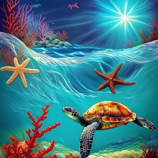 Prompt: An ocean scene to be used for a tattoo. Should be visually striking and very colorful. Include a starfish. sea turtle and baby turtles. The image should invoke movement and strength. Flowing light. Bright coral. 