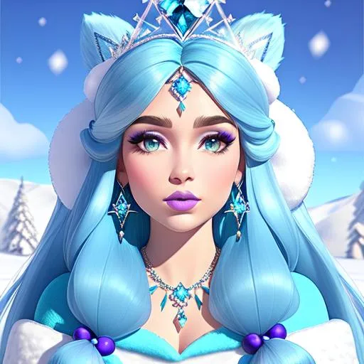 Prompt: Pokimane, Heavy snow, Giant Blue Orb in Sky, Long Straight Blue hair, Ice crystal tiara with Green Flowers, Thick bushy blue eyebrows, medium sized nose, plump diamond shape face,  Blue lips, ethereal blue eyes, Triangle Star earrings, soft ears, Large blue plastic chain around neck, Blue heart necklaces, Purple candy shaped rings, Large blue fur coat with armor underneath. Scaley gloves. Long Blue Skirt with moons.