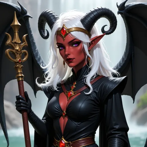 Prompt:  @p2CZMES7VK5y7B1QsEFp white hair, large crown, lots of jewelry, horns curved down, black clothes, big wings, wooden staff, waterfall