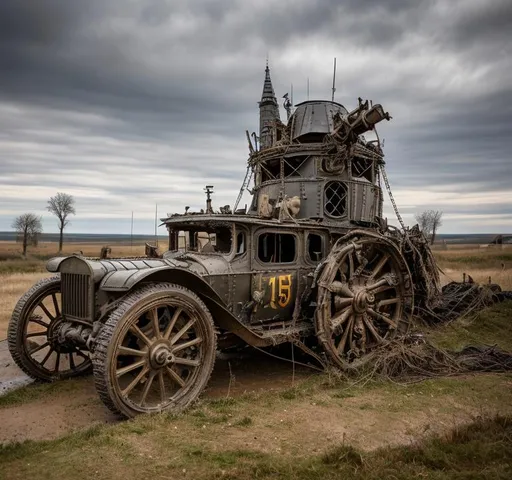 Prompt: A steampunk turret is mounted on top of A battered steampunk war carriage on the battlefields of ww1. barbed wire, trenches, dead soldiers and horses litter the muddy and destroyed terrain. Burned tree stumps smoilder in the background.