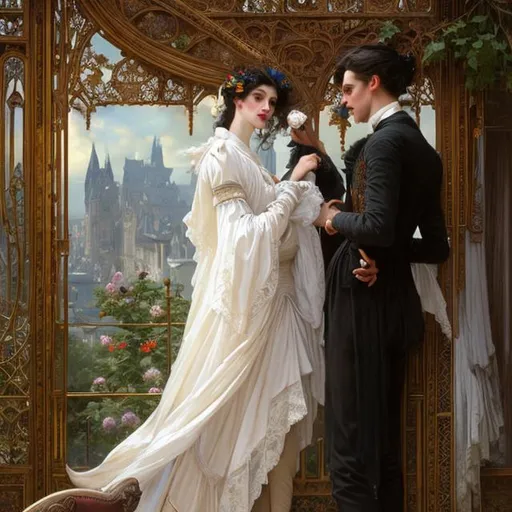 Prompt: Full body splash art of skinny male, androgynous, handsome, short white hair, pale skin, victorian clothes, elegant, highly detailed, intricate, smooth, sharp focus, artstation, digital painting, concept art, art by greg rutkowski, alphonse mucha and John William Waterhouse, dark, romantic, flirty, charming, hedonistic, decadent, wine