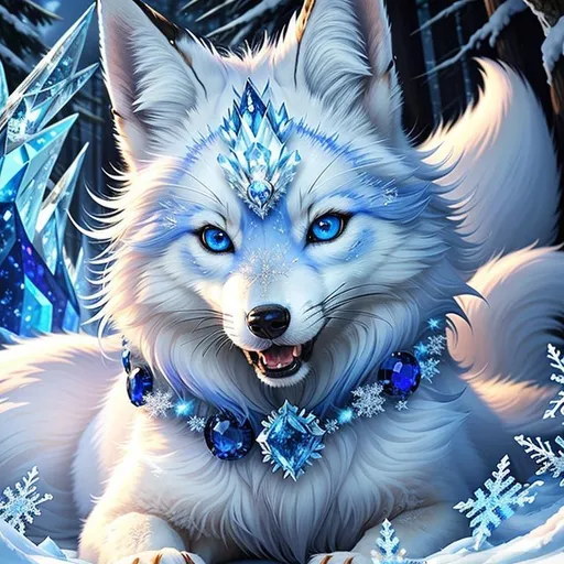 Prompt: remove text, smooth mouth, (masterpiece, professional illustration, epic digital art, best quality:1.5), insanely beautiful female ((fox)), (canine quadruped), adolescent, ice elemental, deep blue pelt covered in frost, bashful hypnotic sapphire blue eyes, gorgeous silver mane covered in snowflakes, (plump), finely detailed fur, hyper detailed fur, (soft silky insanely detailed fur), moonlight beaming through clouds, grassy field covered in frost, cool colors, professional, symmetric, golden ratio, unreal engine, depth, volumetric lighting, rich oil medium, (brilliant auroras), (ice storm), full body focus, beautifully detailed background, cinematic, 64K, UHD, Yuino Chiri, intricate detail, high quality, high detail, masterpiece, intricate facial detail, high quality, detailed face, intricate quality, intricate eye detail, highly detailed, high resolution scan, intricate detailed, highly detailed face, very detailed, high resolution