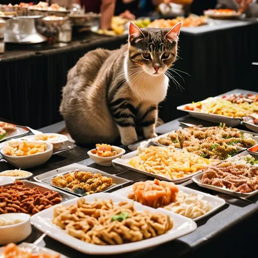 Prompt: A cat at the buffet eating everything