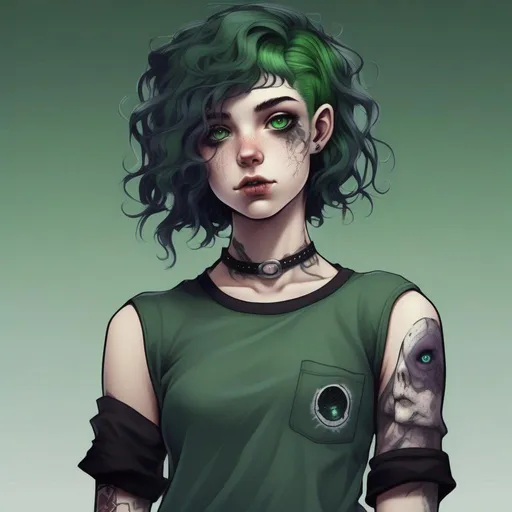 Prompt: An insanely beautiful girl around 16 years old. punk clothes. perfect anatomy, symmetrically perfect face. perfect grey eyes. beautiful short dark green wavy hair. no extra limbs or hands or fingers or legs or arms wearing a shirt that says deepspaceghost on it.