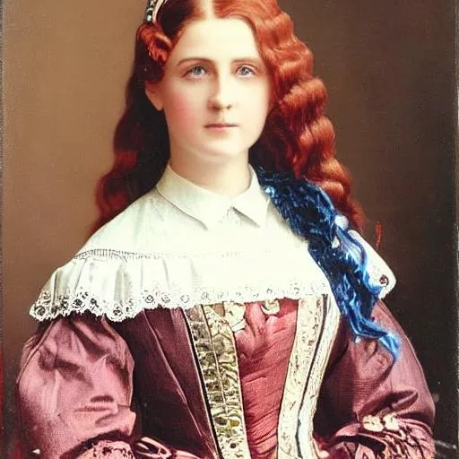 Prompt: High quality portrait of a beautiful Victorian girl with long red hair and dark blue eyes wearing a dark blue school uniform