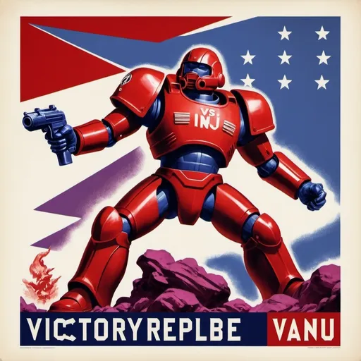 Prompt: "Design a 1940s-style propaganda poster depicting a powerful red TR (Terran Republic) soldier crushing and defeating the blue NC (New Conglomerate) and purple VS (Vanu Sovereignty) enemies. The TR soldier should be bold, dynamic, and dominant, using classic wartime imagery like a powerful fist or boot. The VS and NC soldiers should appear weak and defeated under the force of the TR. Include a short slogan at the top in bold, vintage typography: 'Victory Through Strength.' Use a muted, retro color palette with an emphasis on red for the TR, while the VS and NC colors should be subdued and secondary."