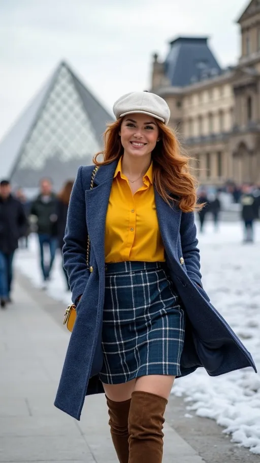 Prompt: (Stunning olive-skin French woman), walking on a (crisp winter day) in (Paris), with (The Louvre Pyramid) in the background, showcasing her elegant charm and beauty, warm friendly smile, (silky auburn-cinnamon hair), wearing a chic (white Kangol beret), fashionable outfit with a (blue & yellow tweed coat), bright (yellow blouse), stylish (blue plaid above the knee skirt), and (tall brown suede boots), navy purse, featuring curvy figure, captured in (photorealistic 8k), emphasizing (high detail & quality). The ambiance is (charming) and (elegant).