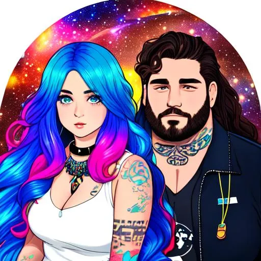 Prompt: (((grungy heavyweight man and heavyweight woman, round faces, chubby faces))), (((in space))),  chaotic, (((neon))), surreal, cosmos, galaxy, bubbles, ((blue long wavy hair for woman)), ((brown long wavy hair for man)), tattoos, collar