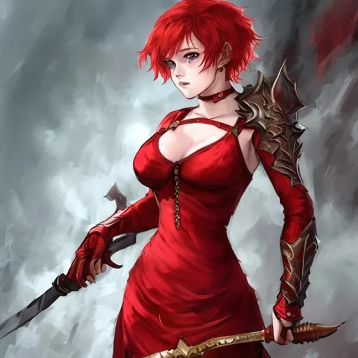Prompt: red dress, short Crimson hair, spear