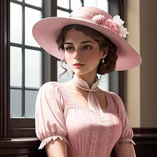Prompt: Titanic 1st class woman passenger, stylish pink dress,  fancy hat, 1912,  facial closeup
Beautiful young woman,