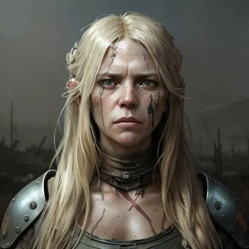 Prompt: Full portrait, post apocalyptic, female, age 40, blonde long and loose hair, warpaint in face, serious expression, highly detailed, digital painting, artstation, concept art, smooth, sharp focus, illustration, art by Krenz Cushart and Artem Demura and Alphonse Mucha