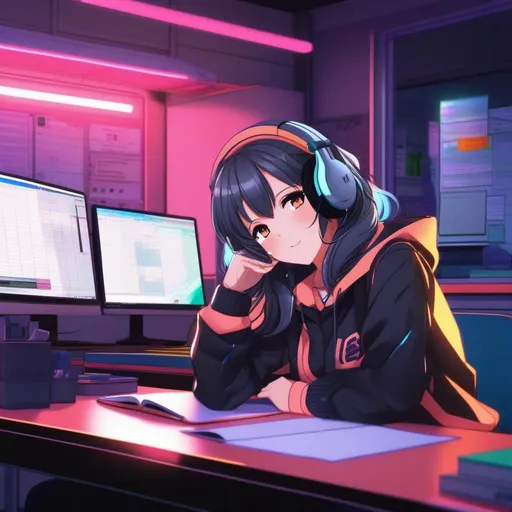 Prompt: anime girl sitting at a desk with her head resting on her hand, brightly neon room, happy, anime aesthetic, in a classroom, horror smile, app, inspired by Glennray Tutor, prison background, remodernism, asian women, wearing headphones, trending on artstation, 8k