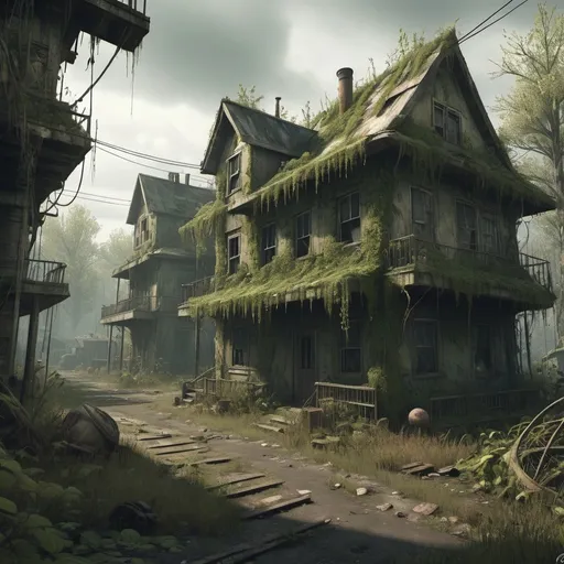 Prompt: fallout video game style forest village, detailed post-apocalyptic setting, dense overgrown foliage, abandoned houses covered in moss and vines, eerie atmosphere, high quality, realistic, atmospheric lighting, desolate, overcast, post-apocalyptic, dense foliage, abandoned houses, eerie, detailed textures, moody, atmospheric setting