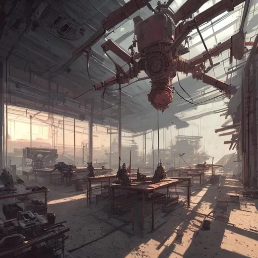 Prompt: Kenshi vibes crafting indoor machinery robots crafting benches, worktables, industrial atmosphere, digital art style abstract brushstrokes inside a building 70's science fiction retrofuturism