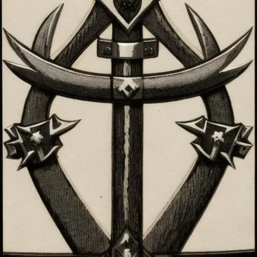 Prompt: emblem of a double-headed axe, with two swords crossed in the middle, and a bow and arrow at the base