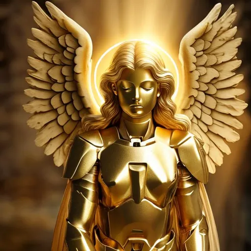 Prompt: Angel, halo, radiant golden light, seraph, photo realistic, Malév, warrior, ancient, gold