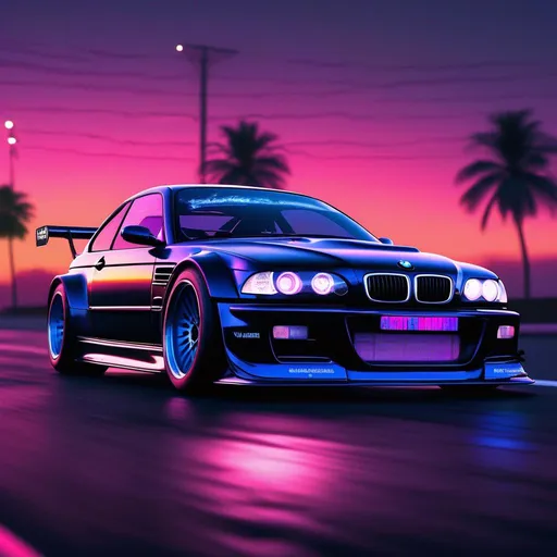 Prompt: 2001 BMW M3 E46 GTR, synthwave, aesthetic cyberpunk, miami, highway, dusk, neon lights, coastal highway, dusk, neon lights, coastal highway, sunset, drift, nurburgring, very detailed