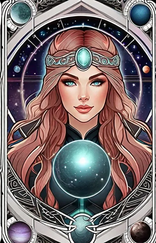 Prompt: wiccan tarot card style + intricate astrology border + young soft featured goddess portrait + pentagrams + detailed sci-fi  illustration, planets, stars + intricate Celtic illustration 