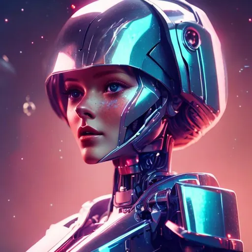 Prompt: a beautiful robot red head woman, feminine look, retro like, octane rendered 4k, hyperrealism, highly detailed, futuristic look, cinema 4k, lots of details, blue and purple background with stars, epic look, portrait