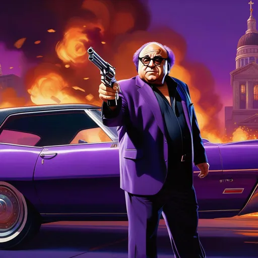 Prompt: Danny Devito in Saints Row, guns, purple atmosphere, cartoony style, extremely detailed painting by Greg Rutkowski and by Henry Justice Ford and by Steve Henderson