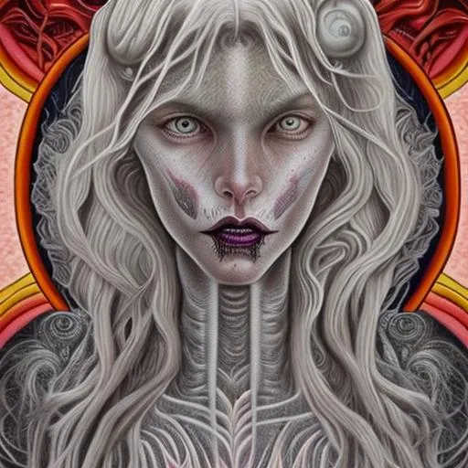 Prompt:  In the style of Alex Grey,  beautiful woman, Gray hair with blood stains, Gray-colored eyes, haunting look, sharp teeth, art deco style, in the style of Botticelli