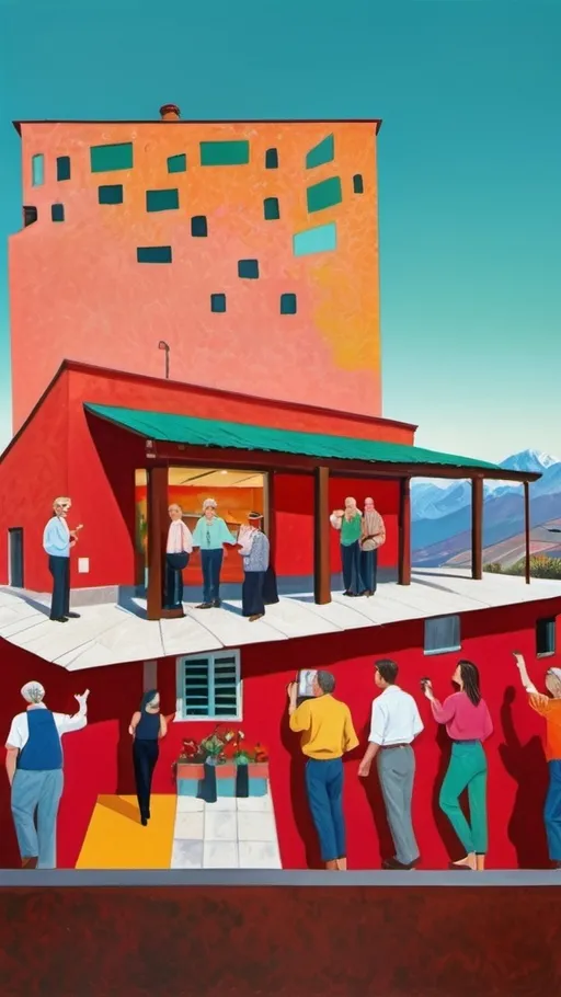 Prompt: (David Hockney style), group of people, standing outside, dark red restaurant building, radio on the rooftop, sky background, (Italian Gran Sasso mountains), vibrant colors, (playful patterns), dynamic composition, (highly detailed), cheerful atmosphere, merging of whimsicality and realism, illuminated by warm sunlight, exuding a feeling of camaraderie and joy, stunning landscape, captivating visual storytelling.