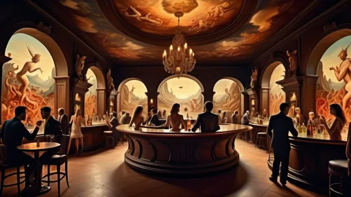 Prompt: surreal cocktail bar in hell by DaVinci, hedonistic dancing people, animals Salvador Dali, wide shot, baroque painting, dreamlike atmosphere, beautiful detailed intricate insanely detail, soft natural volumetric cinematic perfect light, masterpiece