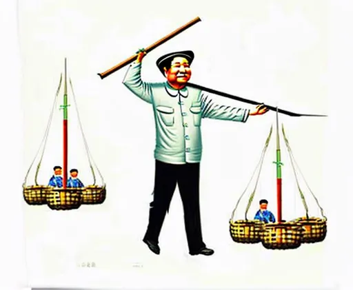 Prompt: Chinese propaganda poster of Mao Zedong carrying a bamboo pole with water buckets on his shoulder, Mao Zedong is surrounded by workers, Mao is in a village, highly detailed, highly decorated, masterpiece, vivid