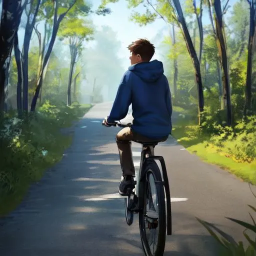 Prompt: Sideview 12 year old young Boy lightbrown hair wearing a white tanktop and dark gray darkblue worn baggy hoodie black jeans lightbrown shoes riding his bicycle rural area, cracked road, trees in background two magpies, art, concept art, artstation, cinematic composition, close up side midday