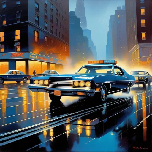 Prompt: 1970s New York, car chase, rain, fog, dark blue atmosphere, cartoony style, extremely detailed painting by Greg Rutkowski and by Henry Justice Ford and by Steve Henderson