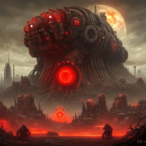 Prompt: Evil, red lights, Biological mechanical war machine, fantasy art style, dystopian, apocalyptic, nuclear explosion, atom bomb, metropolis, teeth, eyes, giant robot, warfare, death, destruction,