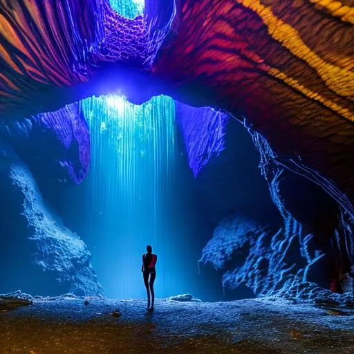 Prompt: Childrens book, picture book, cartoon. Discovering the Heart of the Rainforest: Inside the cave, the group gazes in awe at the dazzling, rainbow-colored crystal heart, illuminating the darkness around them.
