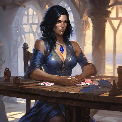 Prompt: Dungeons and Dragons fantasy art. A threatening woman wearing a striking single sapphire shining necklace sitting at a table with a deck of cards in her hands. She should have black hair and be staring with a confident smirk