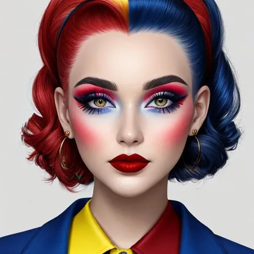 Prompt: A woman all in primary colors, pretty makeup