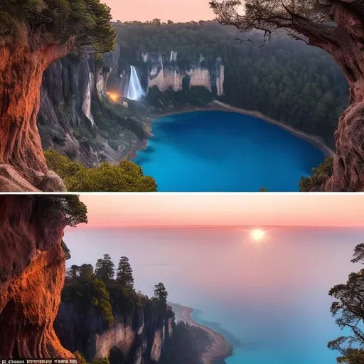 Prompt: a vast cliff with a waterfall falling off the end, opening up into a beautiful blue lake, flanked by a clearing on all sides, with deer and birds everywhere and small fish swimming in the lake as the sun sets, dying the sky with rose gold and orange as the clouds shift around and night falls over the pine forest around the clearing