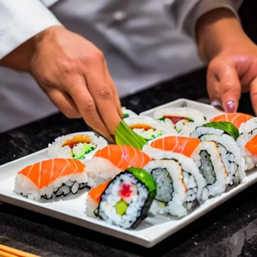 Prompt: Japanese chef making sushi 