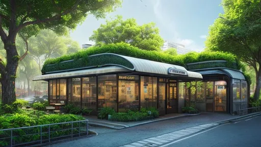 Prompt: urban downtown storefront, cafe, sunny day, Realistic, lush, green forest, many trees, with a path, nature, wildlife, high res, 4K, futuristic dystopian city, thunder in the night sky, sparks, realistic, absurd; early morning, summer, cinematic lighting, detailed digital illustration, procreate, hyperrealistic, highly detailed, 8k