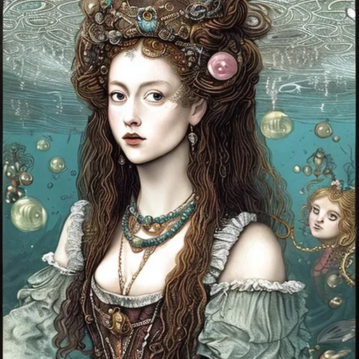 Prompt: woman in 16th century dress underwater tea party.  hair, elaborate hair, fabric, lace, bubbles. jewels, queen.  deep water.