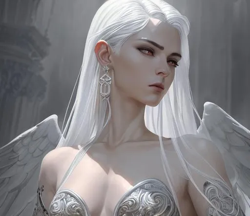 Prompt: Androgynous goddess + Angelic face + white hair +immense detail + A focused male figure, full figure + Full HD render + immense detail + dramatic lighting + well lit + black, character sheet, + fine esoteric symbolism | ultra - detailed realism, soft cinematic lighting, high - quality, engraved | highly detailed |digital painting, artstation, concept art, smooth, sharp focus, Nostalgic, ethereal, nebula, 8k, hyper detailed, intricate detail, photorealistic