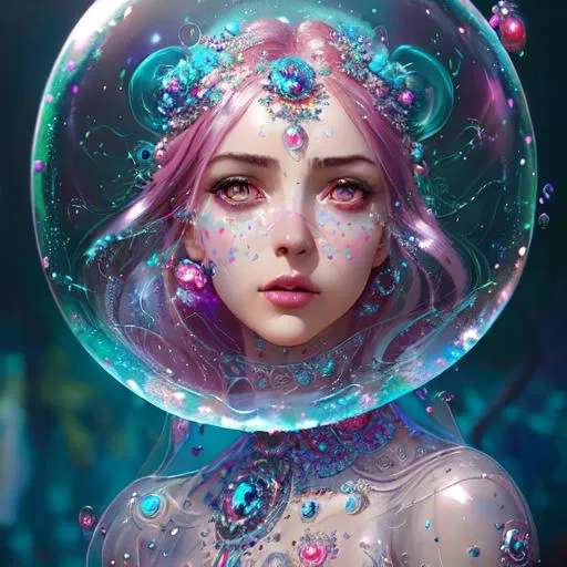 Prompt: Insanely detailed photograph of An elaborate beautiful bubble woman goddess glossy lipstick intricate glistening skin face bright eyes prismatic jelly blue pink clear dress long hair hyperdetailed painting by Ismail_Inceoglu Tom Bagshaw Dan Witz CGSociety ZBrush Central fantasy art 4K, bubbles in background digital painting, digital illustration, extreme detail, digital art, ultra hd, vintage photography, beautiful, tumblr aesthetic, retro vintage style, hd photography, hyperrealism, extreme long shot, telephoto lens, motion blur, wide angle lens, deep depth of field, warm, anime Character Portrait, Symmetrical, Soft Lighting, Reflective Eyes, Pixar Render, Unreal Engine Cinematic Smooth, Intricate Detail, anime Character Design, Unreal Engine, Beautiful, Tumblr Aesthetic,  Hd Photography, Hyperrealism, Beautiful Watercolor Painting, Realistic, Detailed, Painting By Olga Shvartsur, Svetlana Novikova, Fine Art