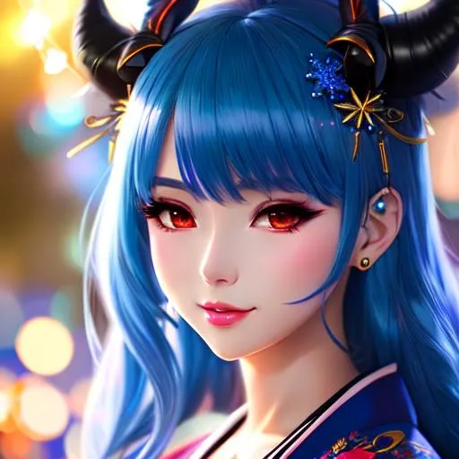Prompt: a beautifil demon girl, anime girl, blue hair, kimono, soft lighting, blur, flare, potrait, christmast, detailed background cafe, detailed accessories
