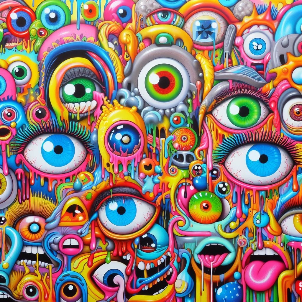 Prompt: a psychedelic art piece with bright colors and eyes, in the style of garbage pail kids, industrial paintings, detailed perfection, playful caricature, punctured canvases, neo-op