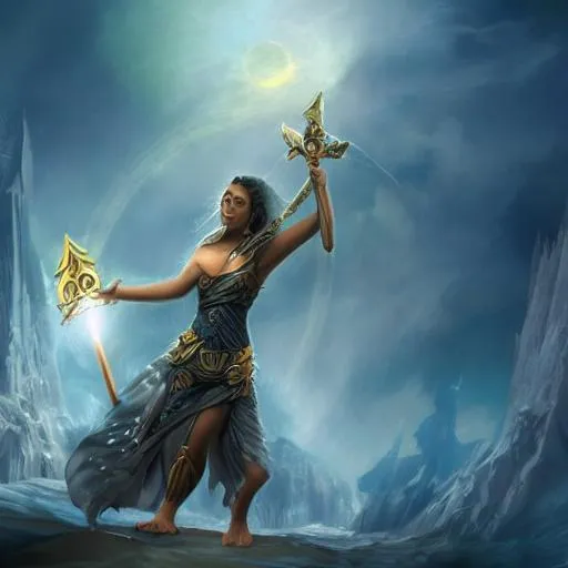 Prompt: atlantis goodess with swords, matte painting, detailed face